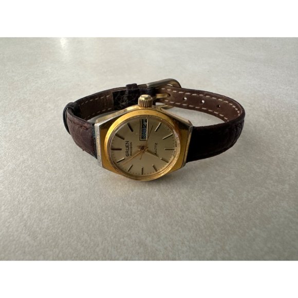 Gruen Precision Quartz vintage gold tone case genuine leather strap watch main image 4